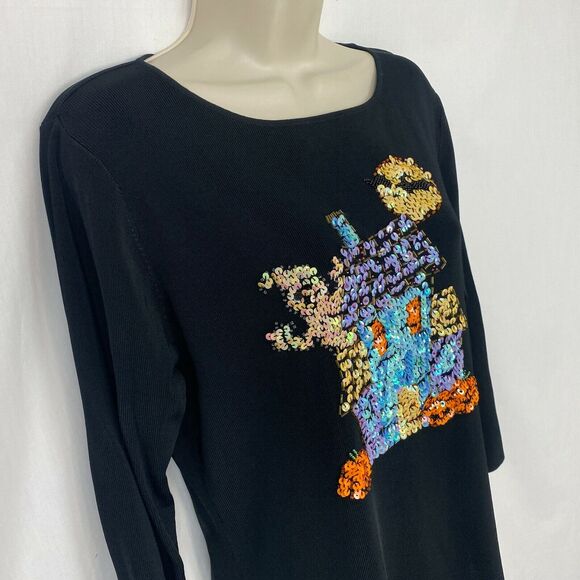 Halloween Sweater Womens Large Sweaterworks Sequin Haunted House Black Knit Top - Picture 3 of 10